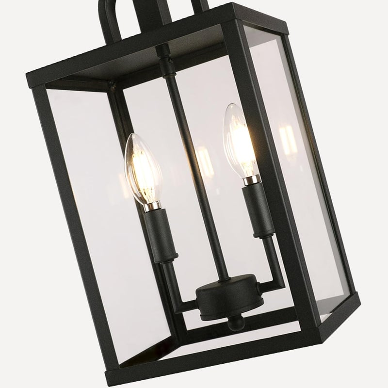 PARTPHONER Large Outdoor Indoor Pendant Light 2-Light, Modern Black Metal Outside Chandelier Exterior Hanging Fixture Ceiling Mount with Clear Glass Shade for Front Porch Entrance Foyer Entryway (Bulb Included) - Image 4